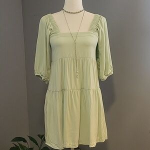 Shinestar Square Neck Tiered BoHo Puff Sleeve Mint Green Mini Dress - Size XS
